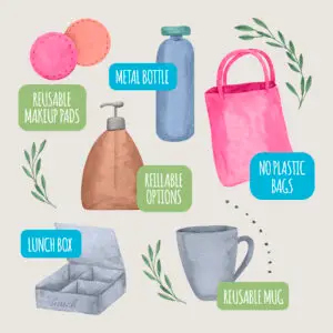 Flat lay of zero-waste lifestyle swaps on a neutral background