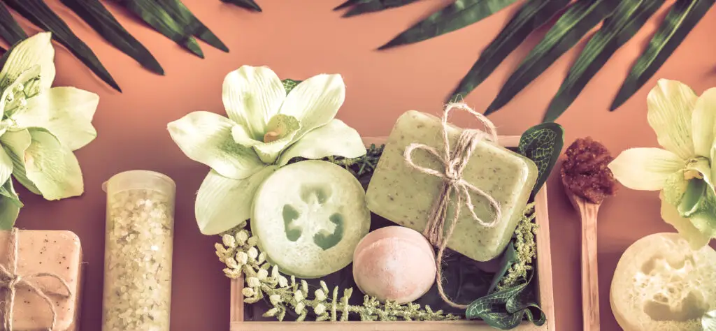 Sustainable skincare and zero-waste spa products arranged neatly against a soft-colored wall