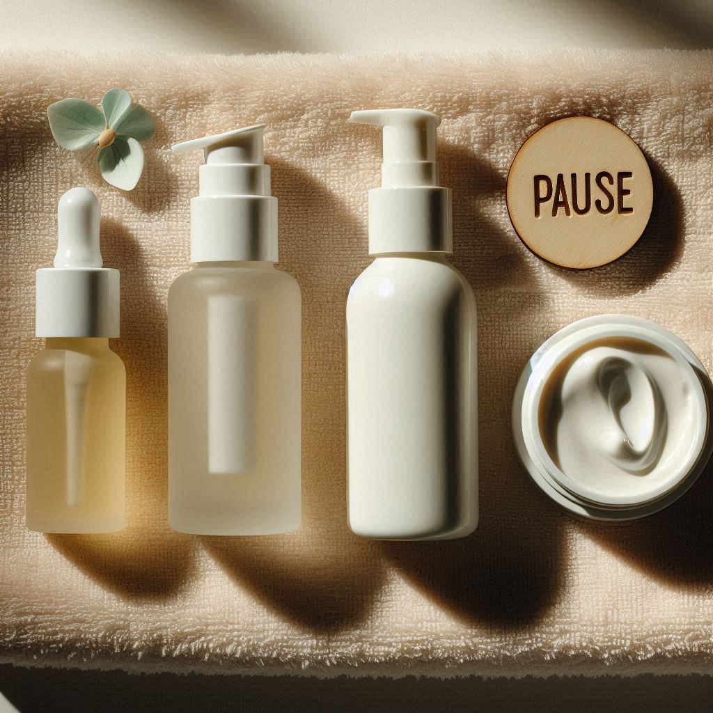Skincare products with pause symbol representing skin fasting break