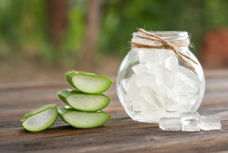 Aloe Vera for sunburn relief displayed on a wood counter, highlighting its use in organic skin care for sunburn healing