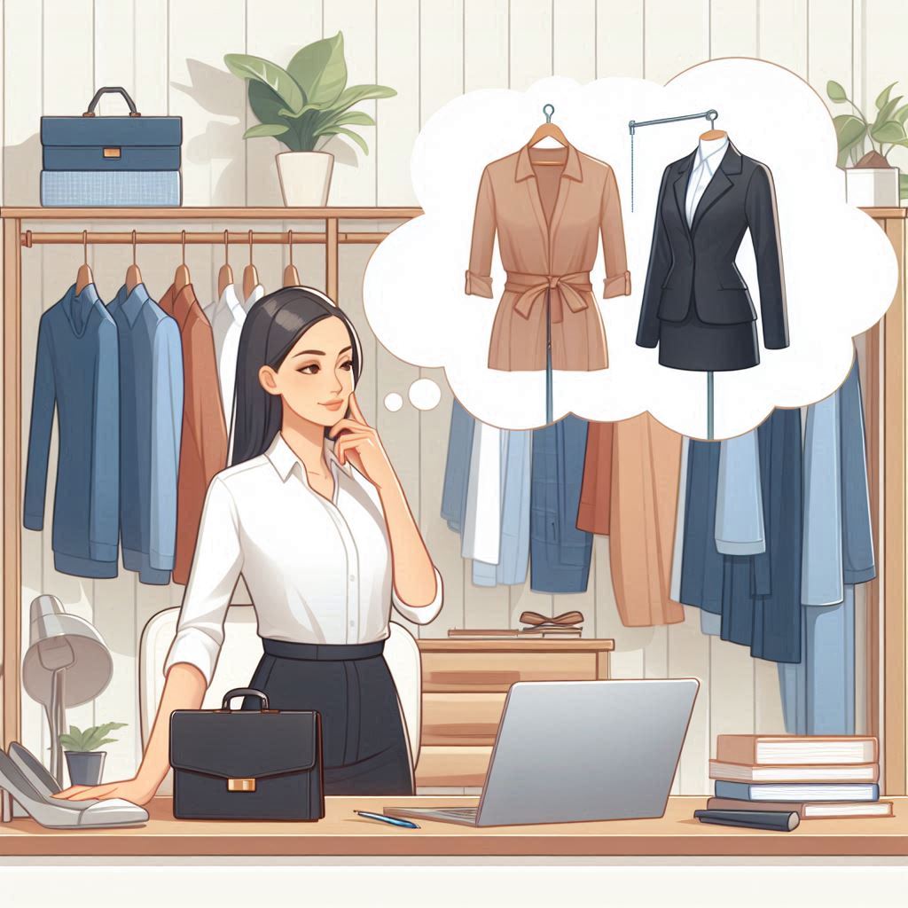 Working woman thinking about what to wear from her work capsule wardrobe