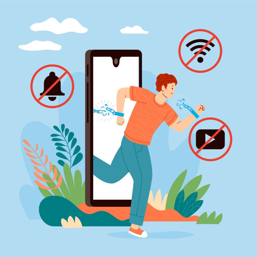 Hand-drawn illustration promoting digital detox and tech-free hobbies for better mental health