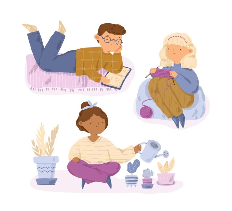 Illustration of people enjoying tech-free hobbies like reading, gardening, and knitting to boost mental well-being