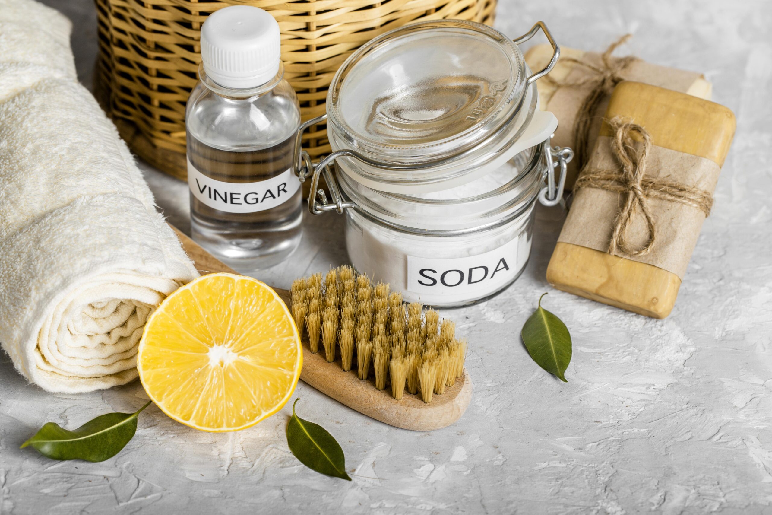 High-angle view of DIY non-toxic cleaning products collection
