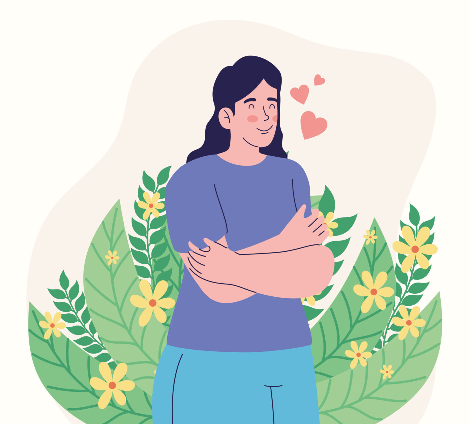 Illustration showing confidence and high self-esteem in a garden, symbolizing natural hormonal balance