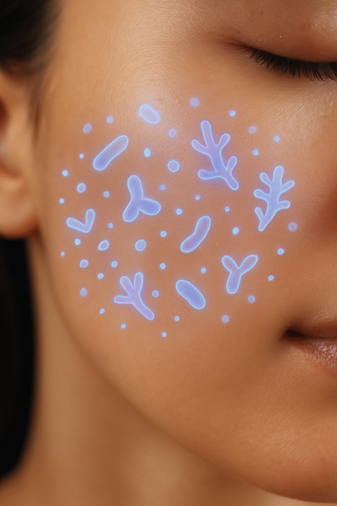 Close-up of human skin with glowing abstract microbes representing microbiome skin care