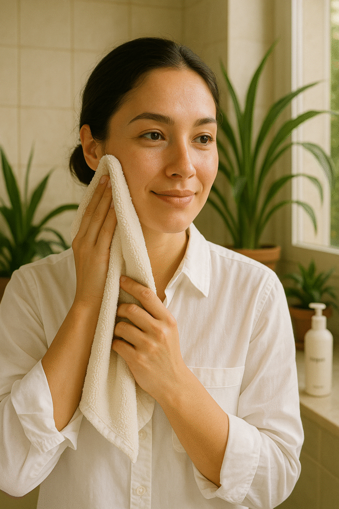 Woman gently patting her face showcasing gentle skin care routine