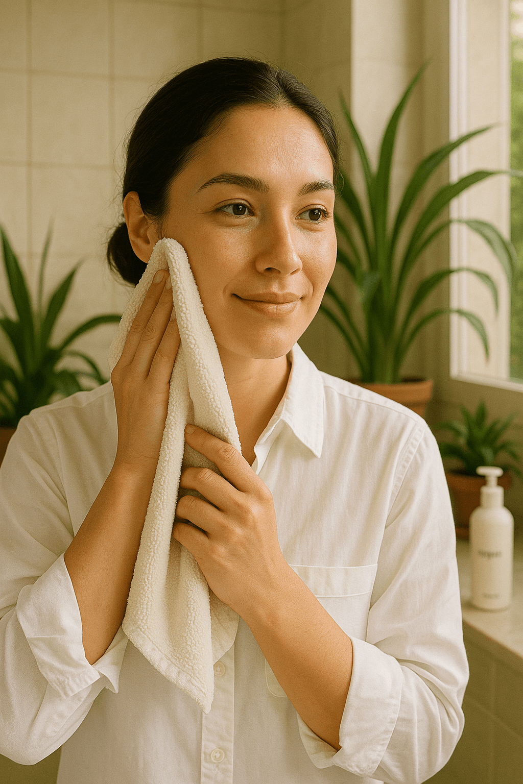 Woman gently patting her face showcasing gentle microbiome skin care routine