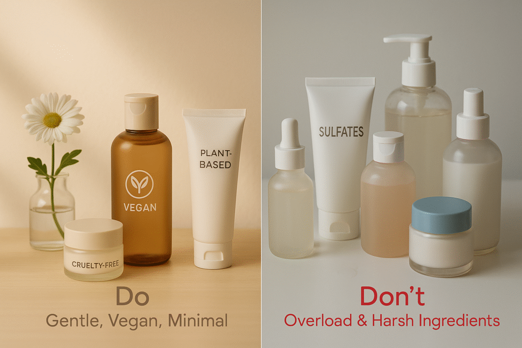 Split image showing microbiome skin care “Do” with minimal vegan products and “Don’t” with cluttered harsh products