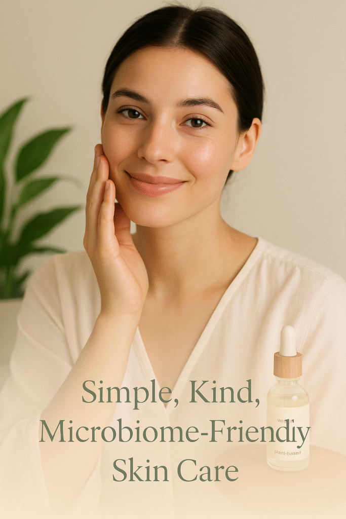 Woman with glowing skin next to a plant-based microbiome skin care product