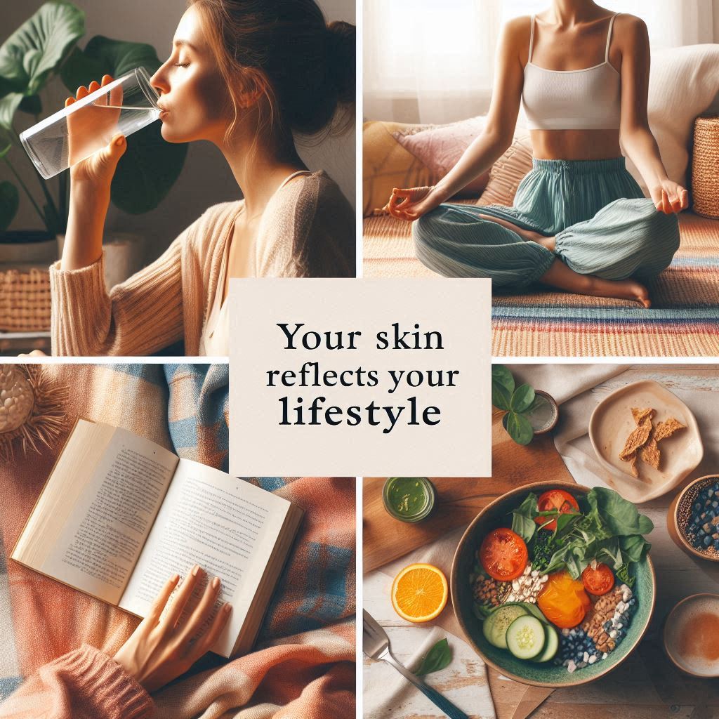 Healthy lifestyle supporting microbiome skin care: hydration, yoga, plant-based diet, relaxation