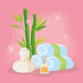 Spa items with bamboo, flowers, and natural fabric – holistic self-care Spa-themed flat lay with bamboo sticks, flowers, and soft fabric suggesting natural or bamboo material
